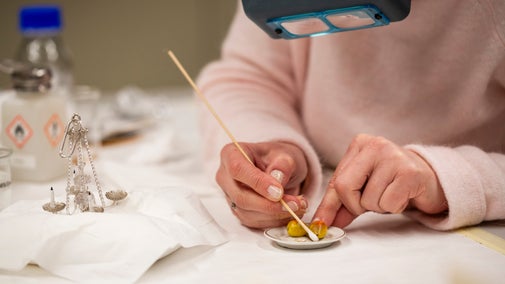 Conservator cleaning the dolls house food from Beatrix Potter's dolls' house